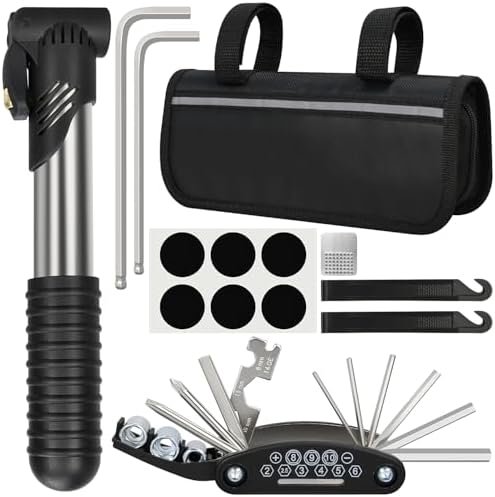 Bike Repair Kit, Bicycle Repair Bag With Tire Pump, Bike Tool Kit for Camping Travel, 16-in-1 Bike Multitool, Bicycle Tire Repair Kit, 4mm and 5mm Allen Wrenches, Used for Mountain Bike and Road Bike