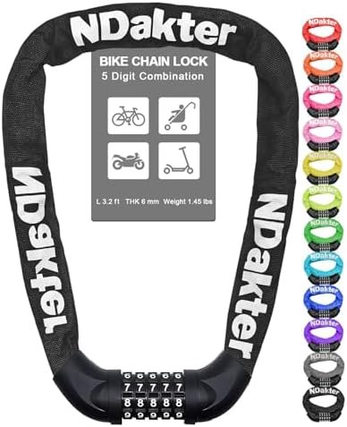 NDakter Bike Lock, 5 Digit Combination Heavy Duty Anti Theft Bicycle Chain Lock, 2.62/3.2/4.27/5/6Ft Long, High Security Resettable, Suitable for Bike, Scooter, Door, Gate, Fence-4/6mm Thick NDakter Bike Lock, 5 Digit Combination Heavy Duty Anti Theft Bicycle Chain Lock, 2.62/3.2/4.27/5/6Ft Long, High Security Resettable, Suitable for Bike, Scooter, Door, Gate, Fence-4/6mm Thick